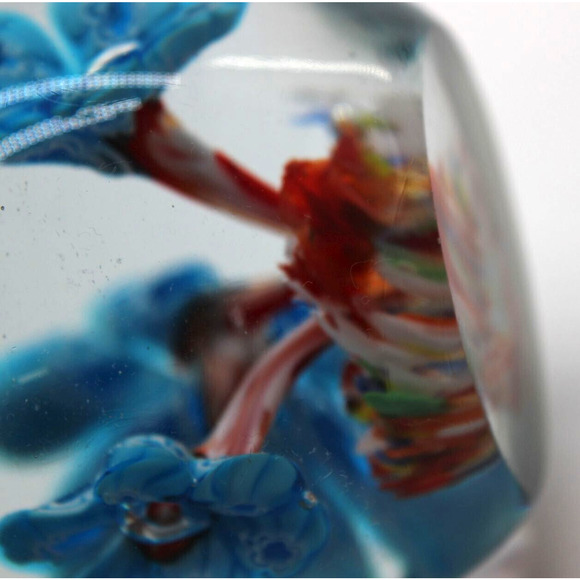 Hand Blown Glass Paper Weight • Three Detailed Blue Flowers Red Stem Multi Color - Picture 4 of 8